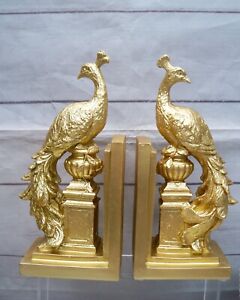 Gisela Graham Luxury Bookends Pair of Gold Resin Birds Peacocks On A Plinth
