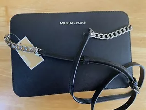 New Michael Kors Jet Item Large EW Crossbody Black Silver Saffiano Leather Bag - Bild 1 von 8