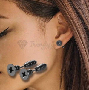 Men Women Black Punk Gothic Surgical Steel Screw Stud Earrings Unisex Jewelry - Picture 1 of 12