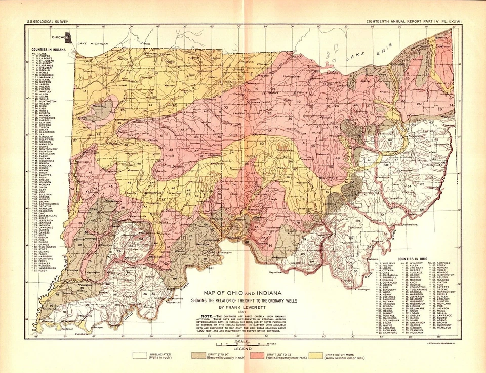 Antique Ohio Indiana Groundwater  Map – 1897 USGS Drift & Wells Lithograph - Image 1 of 1