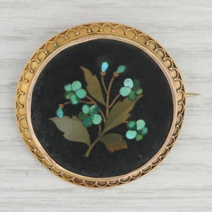 Antique Pietra Dura Floral Brooch 14k Gold Turquoise Flower Mosaic 1800s Pin - Picture 1 of 4