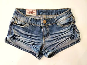 1ST KISS Women's Y2K Medium Wash Denim Shorts Embroidered Pockets - Size 1 - Picture 1 of 5
