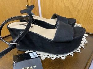 Black Suede Sandals ~ Wedge Sandals New with Tags ~ Forever21 ~ Womens size 6 - Picture 1 of 12