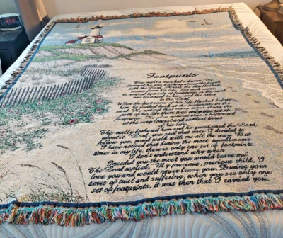 Lighthouse Footprints Poem Tapestry Throw Blanket  USA 70x52 Jesus Shoreline God Foto 1 de 4
