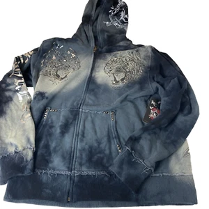 KONQUEST Giacca con cappuccio uomo XL Tribal Tiger full zip borchiata Key Closet blu - Foto 1 di 20
