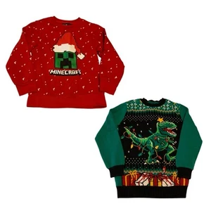Lot of 2 Kids Size Medium Minecraft Sweatshirt Dinosaur Ugly Christmas Sweater - Picture 1 of 15