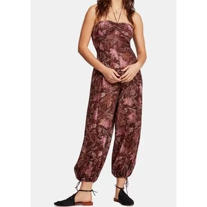 Free Peole Iris Halter Burgundy Pink Floral Boho Chic Breezy Legs Jumpsuit Sz M - Picture 1 of 11