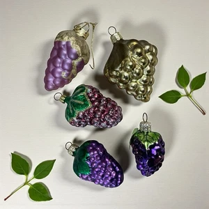 Grape Cluster Hand Blown Glass Christmas Ornaments - Set Of 5 Assorted Vintage - Picture 1 of 4