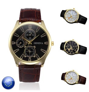 RELOJ DE PULSERA GENEVA HOMBRE CUERO SINTETICO CUARZO MODA REGALO DORADO CORREA - Bild 1 von 10