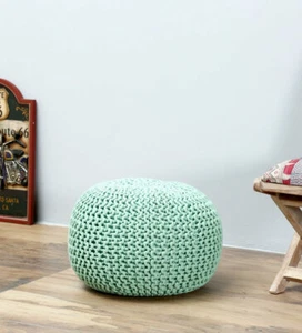 Woven pouf Living room Hand Knotted Handwoven Mint color cotton 45 diameter - Picture 1 of 5