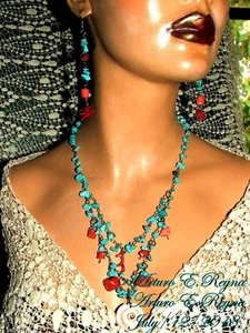 ARTURO E.REYNA TRIBAL NATÜRLICHE TÜRKIS KORALLE DRAHT VERBUNDEN HALSKETTE SET - Bild 1 von 7