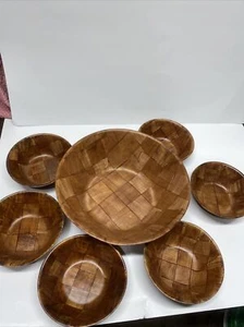 Parquet Wood Weave Woven Wooden 1 Serving Salad Bowl & 6 Snack Bowls EUC Vintage - Picture 1 of 4