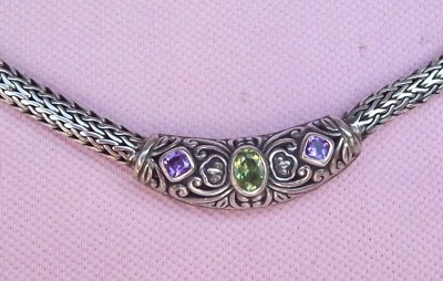 Винтажное ожерелье из тяжелого стерлингового серебра с подписью KC аметист перидот этрусская оплетка - Изображение 1 из 4