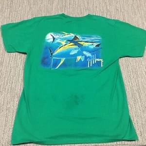 Guy Harvey Shirt Mens Medium Green Fish Double Sided Graphic Short Sleeve Logo - Picture 1 of 12