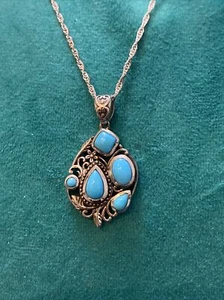 Sterling Silver .925 Signed D’JOY Turquoise Pendant 16” Chain Necklace - Picture 1 of 6