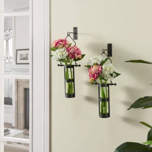 DANYA B Decorative Flower Vase Hanging Wall Mount Rustic Metal Black Decor 2 Set - Picture 1 of 12