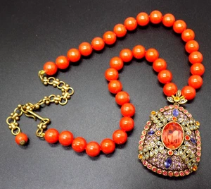 HEIDI DAUS Multi Crystal Medallion Pendant 18"+ deep coral bead Necklace HSN - Picture 1 of 9