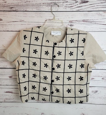 Top Esquinero Causal De Colección Tostado Negro Bordado Floral Manga Corta Para Mujer Talla 8 Foto 1 de 4