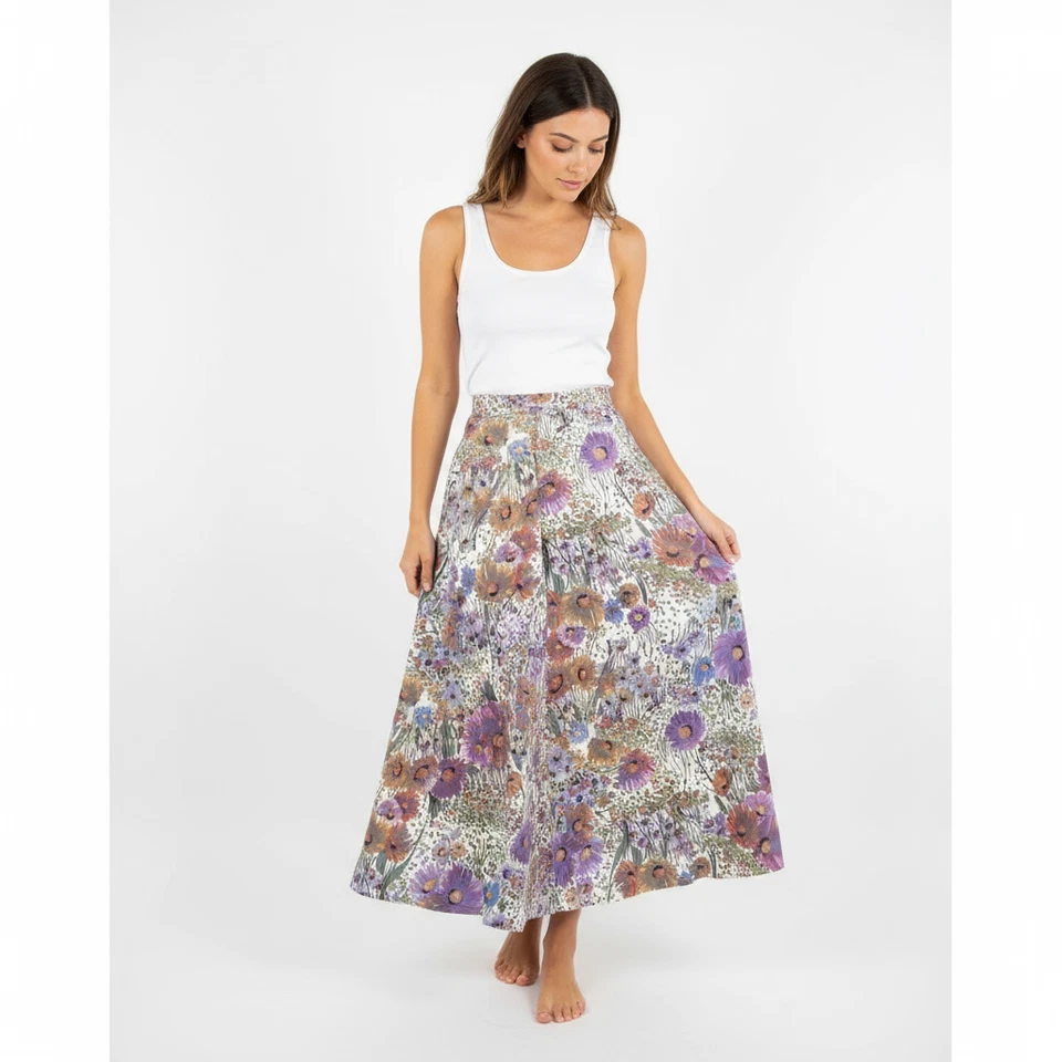 Womens 60s Maxi Skirt Size Small Multi-Color Floral Print Flowy Vintage - Image 1 of 4