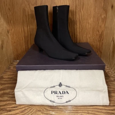 Prada 尼龙复古黑色靴子踝靴方头女式 36 1/2 6.5 码 — 第 1/4 张图片