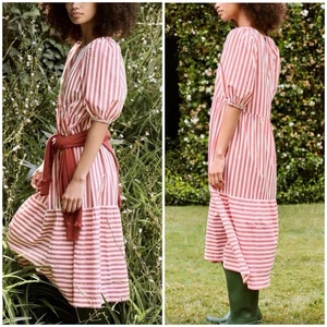 The Great Park Dress Midi Red Stripe Small 4 6 Cottagecore Boho Puff Sleeve - Picture 1 of 12