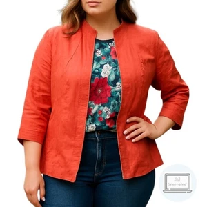 Chico's Womens Linen Blazer Open Front Reddish Orange 3/4 Sleeve Sizes 2 | L - Picture 1 of 12