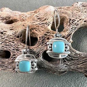"SX" Turquoise Dangle Earrings Sterling Silver Hinged Ear Wires Thailand - Picture 1 of 16