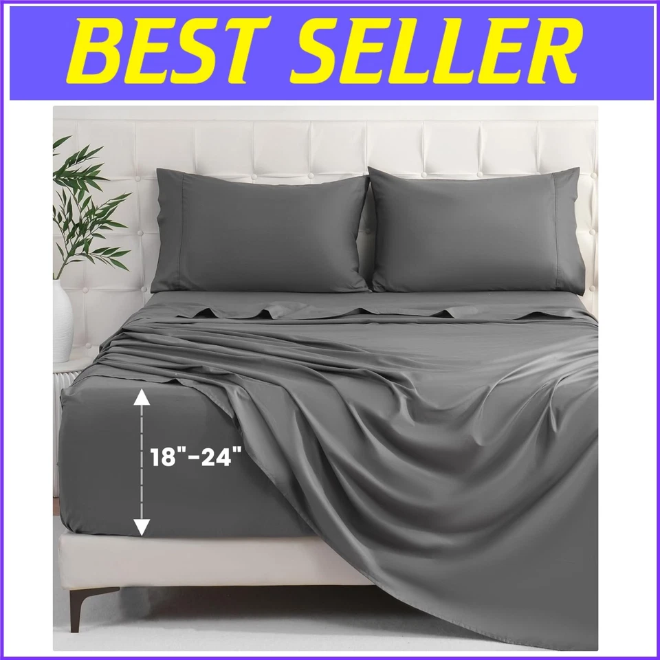 Juego de sábanas King 1000 TC de algodón egipcio suave con diseño de bolsillo profundo - gris oscuro Foto 1 de 4