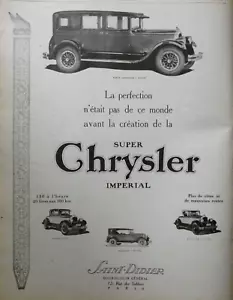 PUBLICITÉ DE PRESSE 1926 CHRYSLER IMPÉRIAL SEDAN LIMOUSINE ROADSTER PHAETON - Imagen 1 de 1