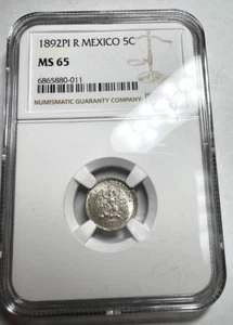 1892 PI R MEXICO Silver 5 centavos, 2nd Republic, NGC MS 65 KM # 398.9 - Picture 1 of 6