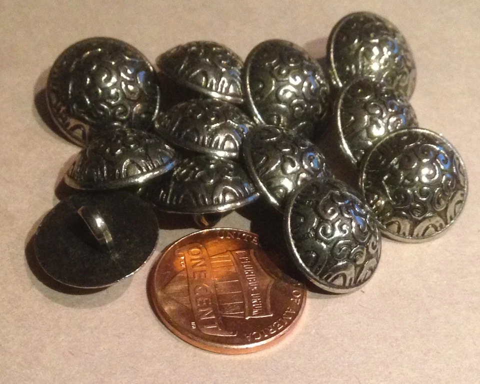 12 Dark Shiny Silver Tone Metal Buttons Domed Black Accent 9/16" 15mm # 7436 - Image 1 of 1