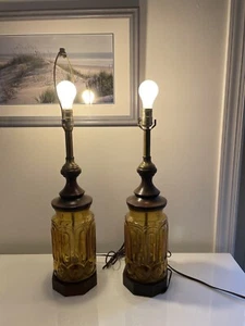 Pair of Very Rare Mid Century Modern LE Amber Glass Moon and Star Wooden Lamps - Picture 1 of 13