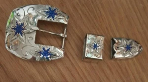 SQUARE Concho 3-piece Buckle Set - Silver Plated w/ Turquoise (#JTS/T-SQ1) Bixby - Picture 1 of 1