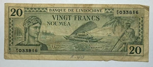 1944 Neukaledonien, Noumea, 20 Zwanzig Francs, Banque de L'Indochine, 1 Jahr Typ - Bild 1 von 2