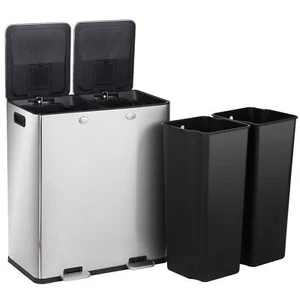 16Gal Dual Compartment Trash Can Stainless Steel Kitchen Garbage Bin Foot Pedal - Picture 1 of 24