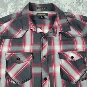 Helix Men's Western Button-Up Collar Double Pockets Shirt Red Plaid Size Large - Picture 1 of 15