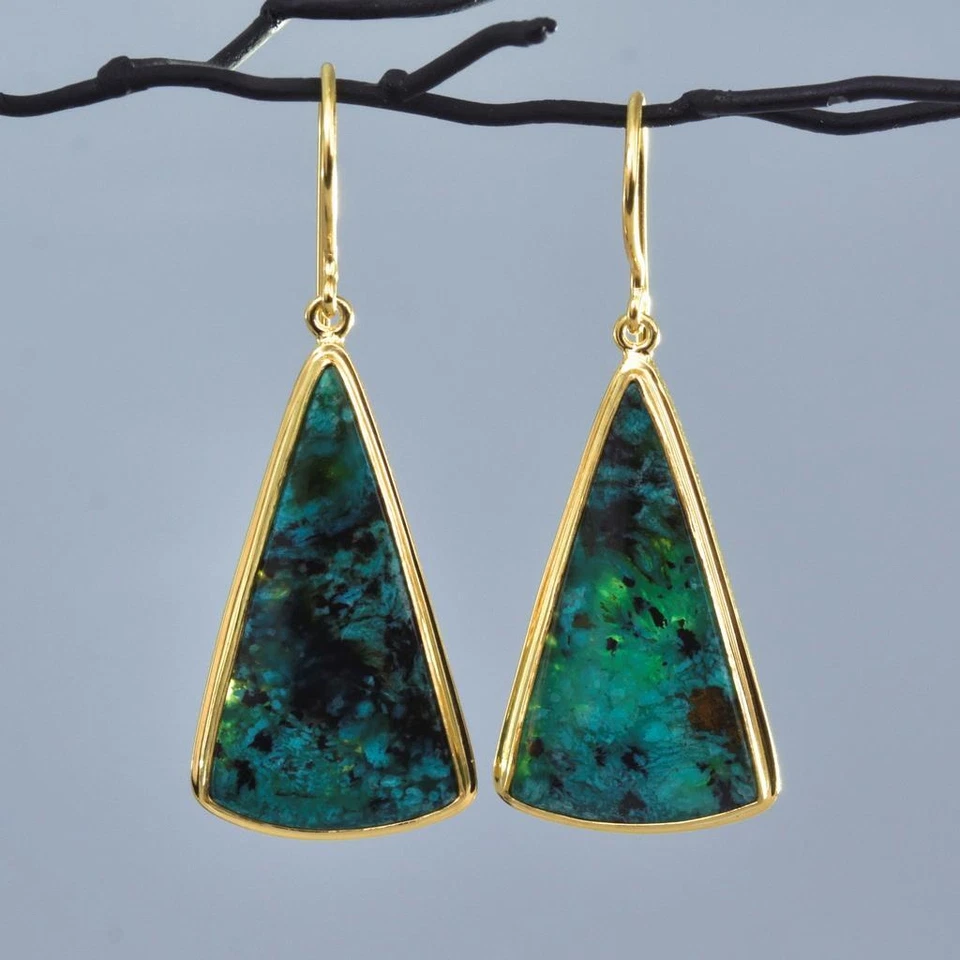 Pendientes Oro 18K Vermeil Plata de Ley Gema Sílice Crisocola Cabujón 7,35 g Foto 1 de 4
