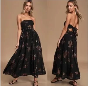 Free People Baja Babe Midi Black Combo Bronze Halter Dress M Whimsical Wedding - Picture 1 of 18