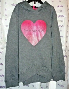 $50 Calvin Klein GIRLS hoodie L 12/14 charcoal metallic heart sweater top NEW - Picture 1 of 7