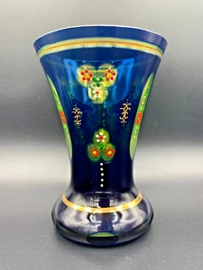 Bohemian Blue Overlay Cut to Amber Glass Vase Goblet Gold & Enamel Painted c1920 - Picture 1 of 11