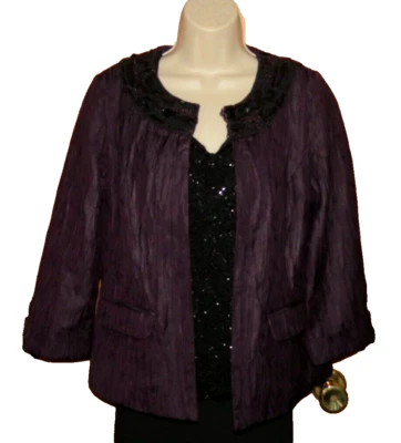 Chico’s Dk Purple Jacket Front Hook Closure Beaded Sequin Neckline Evening 0" - Imagem 1 de 4