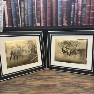 Vtg R.H. Palenoke 2pc gold foil prints moose deer fisherman hunting - Picture 1 of 11