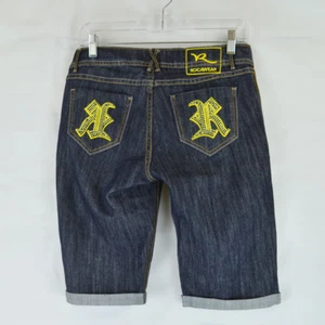 Rocawear Womens Juniors Jean Bermuda Shorts Stretch Size 5 Blue Jeans Rolled Hem - Picture 1 of 3
