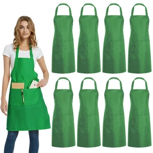 Paquete de 8 delantales baberos a granel unisex verdes comerciales con 2 bolsillos cocina barbacoa - Imagen 1 de 7