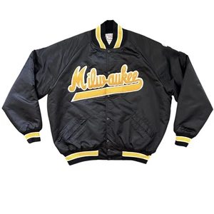 90’s Vintage Bomber Jacket Size LARGE Ringer UWM Milwaukee Baseball Snap Black Satin - Bild 1 von 14