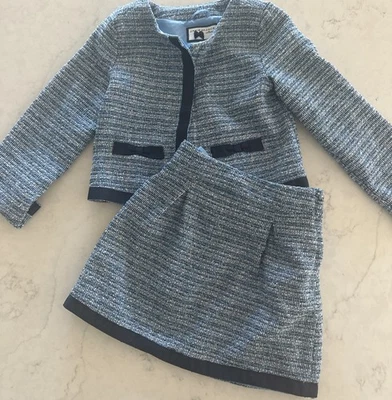 Janie and Jack 2 Piezas Tweed Retro Azul Blanco Falda Chaqueta Traje Clásico Preppy 6 Foto 1 de 4