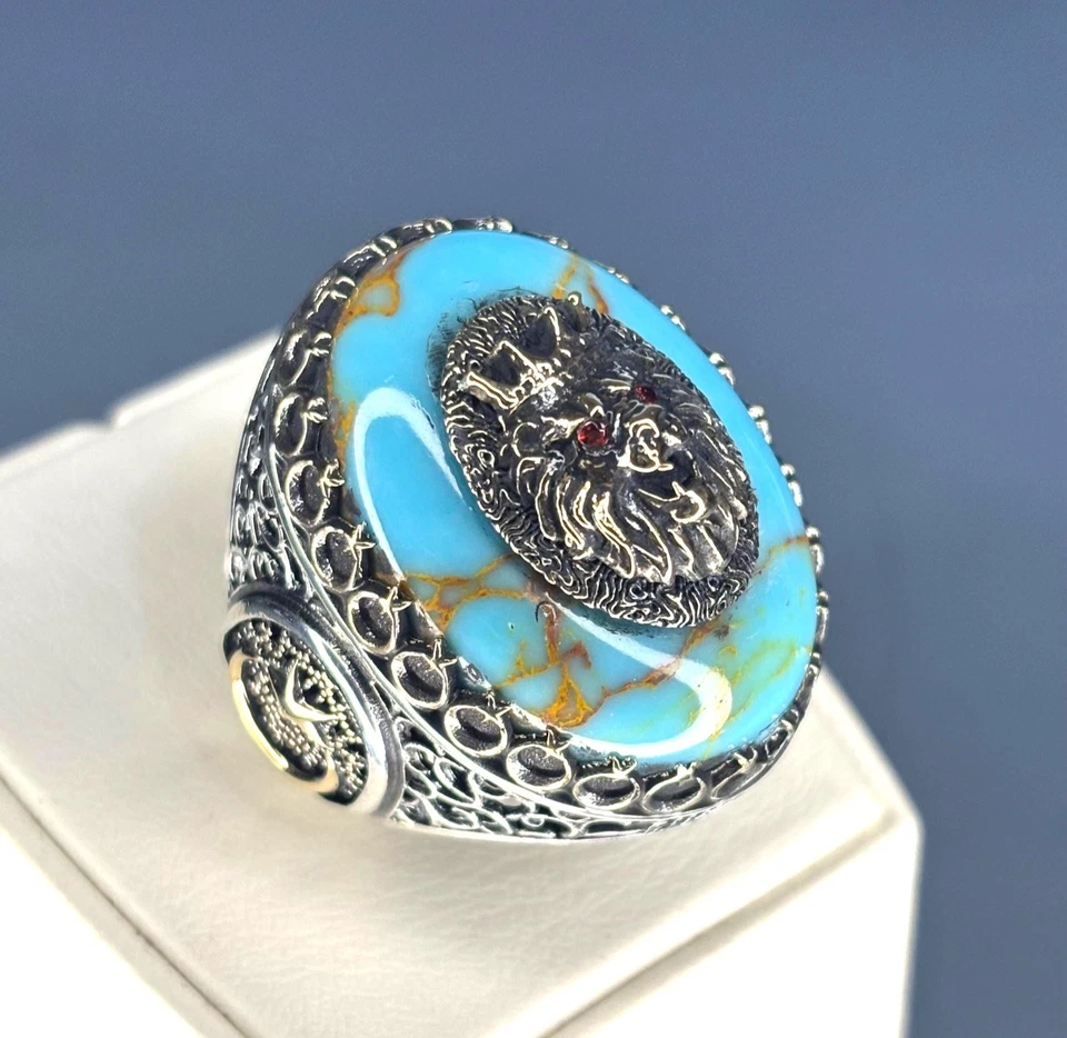 Turquoise Lion Head Men’s Ring 925 Sterling Silver, Bronze Accents Ring size 11 - Image 1 of 4