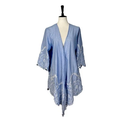 Кардиган богемный вышитый шамбре с открытой передней частью синий белый высокий низкий женский S/M - Изображение 1 из 4