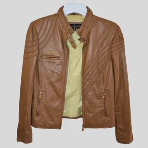 Baby Phat Tan Leather Moto Jacket Women’s M Zippered Pockets Buckle Detail - Picture 1 of 21