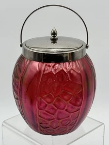 Loetz/Kralic/Bohemian Cranberry Art Glass Cracker Barrel S/P Handled Lidded Jar - Picture 1 of 15